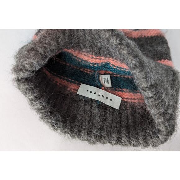Topshop Fuzzy Knit Beanie Pink Teal Gray Striped Winter Hat - Picture 4 of 7